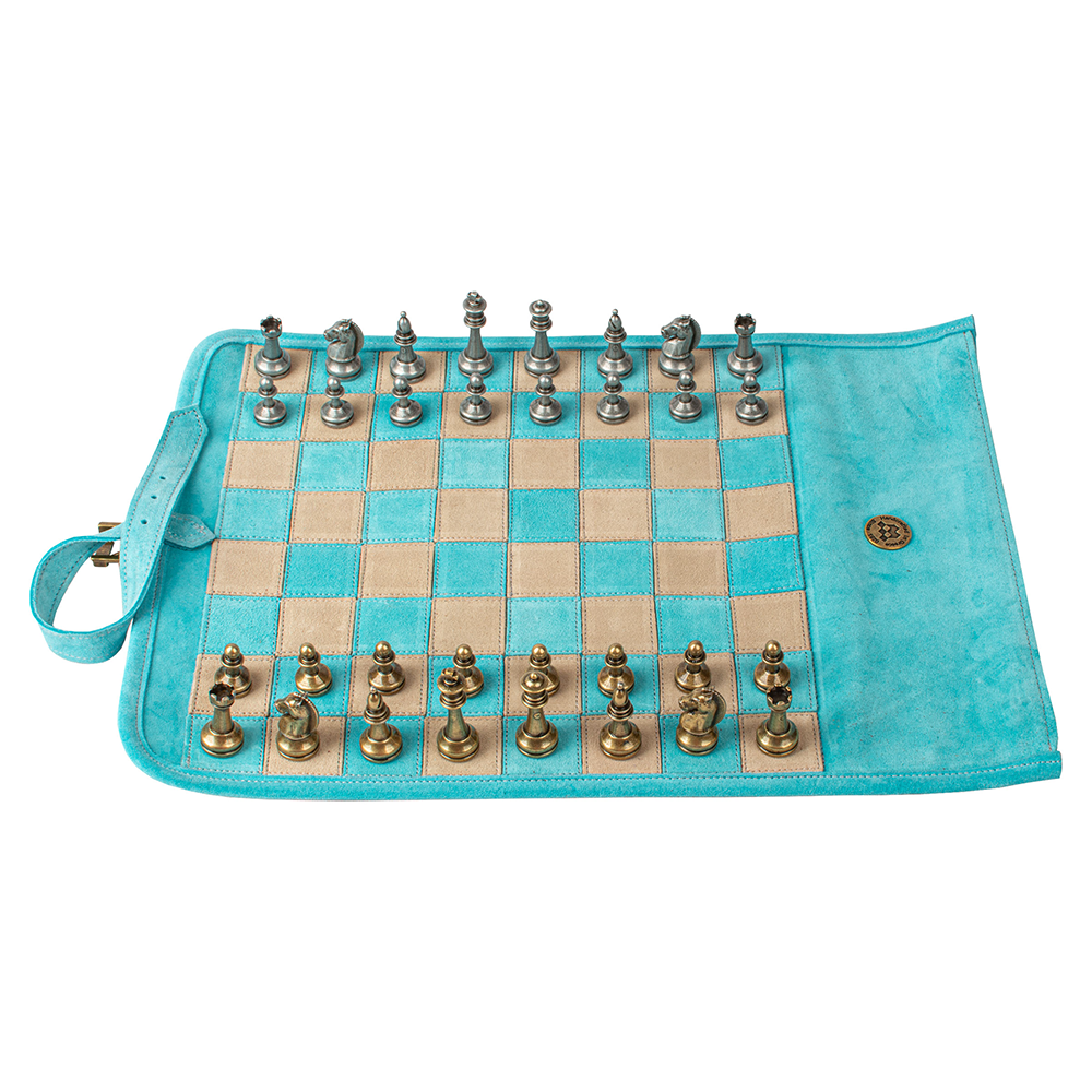 Reisespiel Schach Set aus Leder im Farbton turquoise von Monopoulos