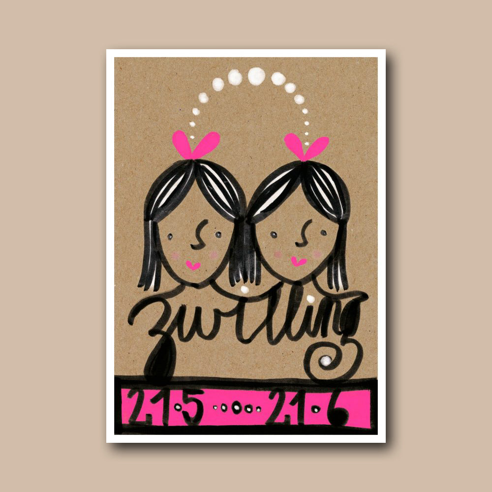 Grusskarte mit Sternzeichenmotiv Zwilling von schönegrüsse.ch, Design und Produktion in der Schweiz