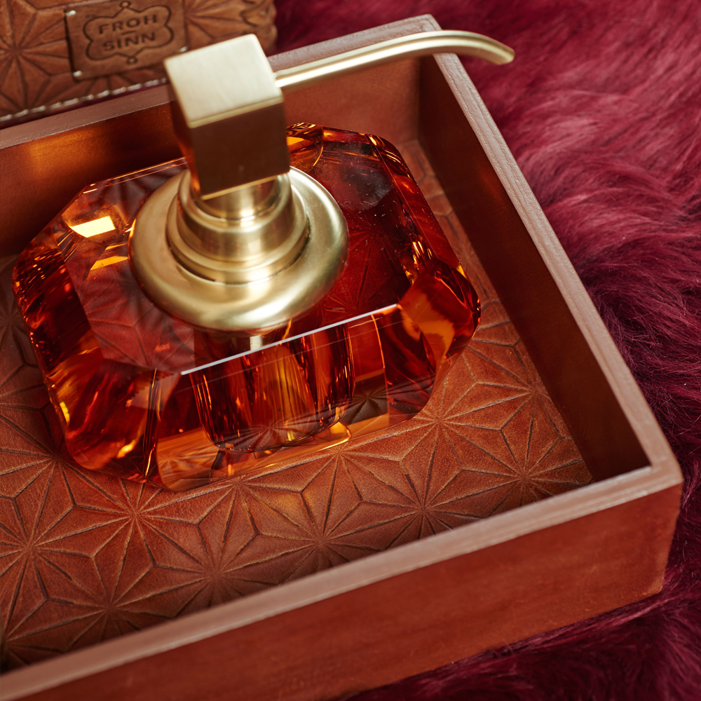 Crystal glass soap dispenser - amber / gold glossy