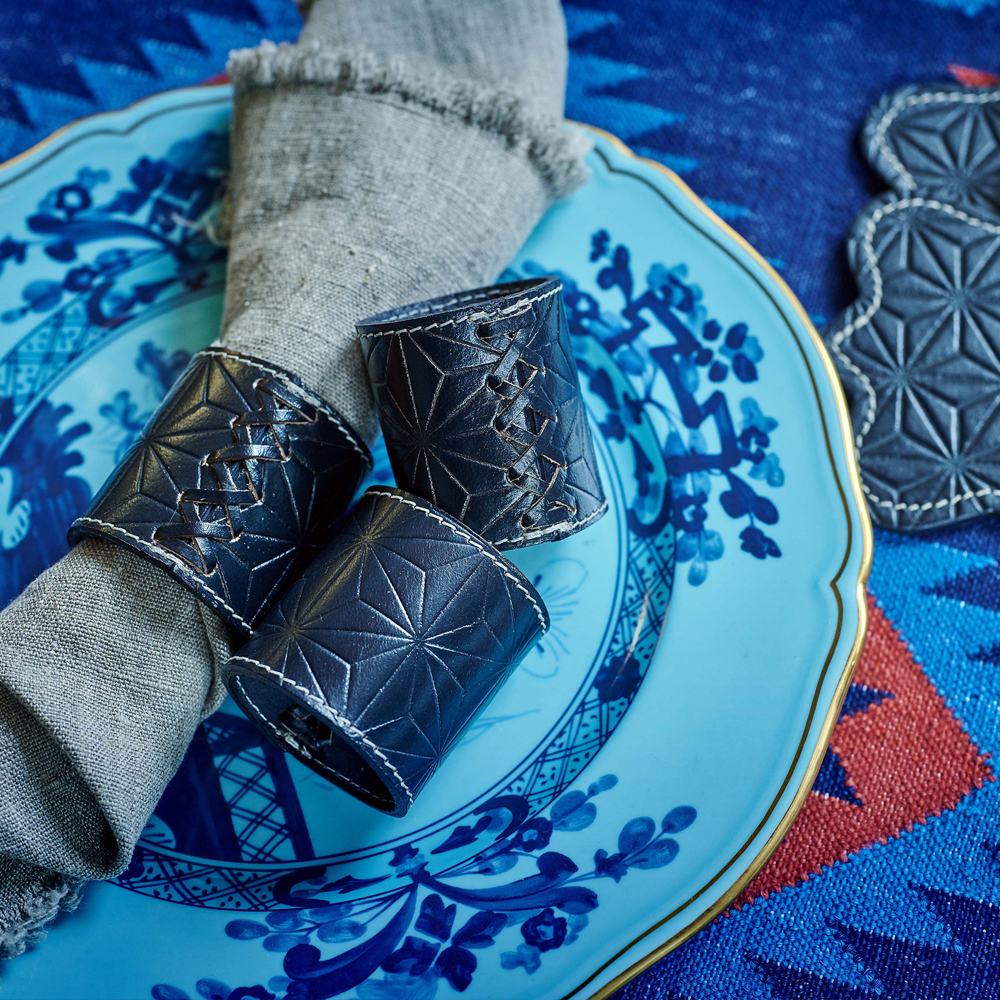 Napkin ring set ICON embossed leather - navy
