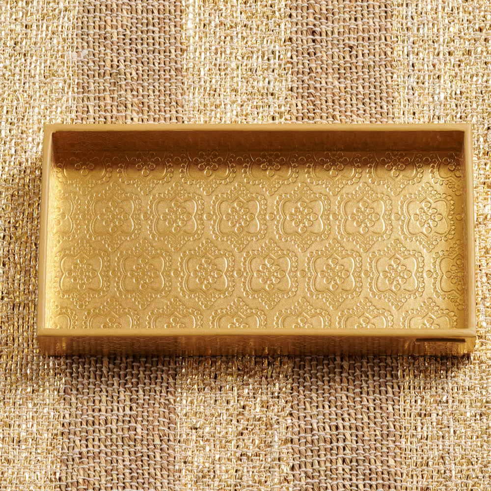 Rechteckiges Tablett aus Leder in gold mit Gravur