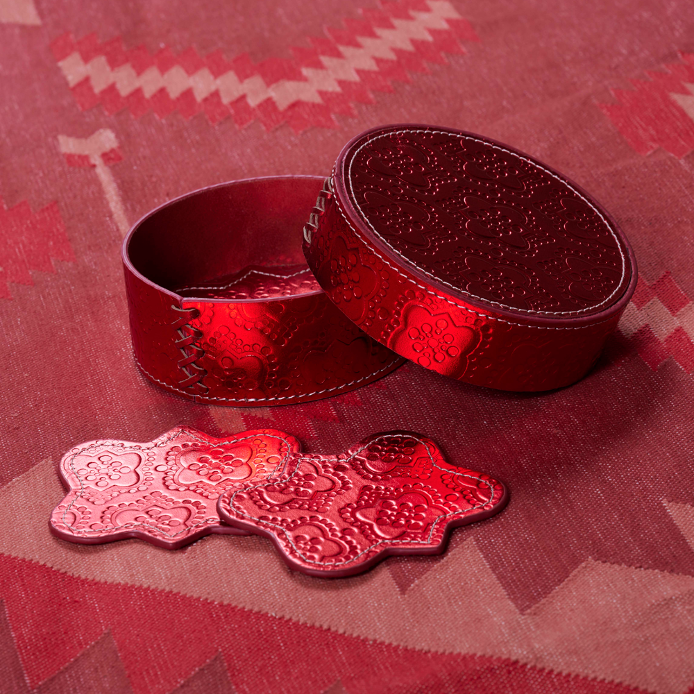 Coaster set ICON embossed leather - strawberry