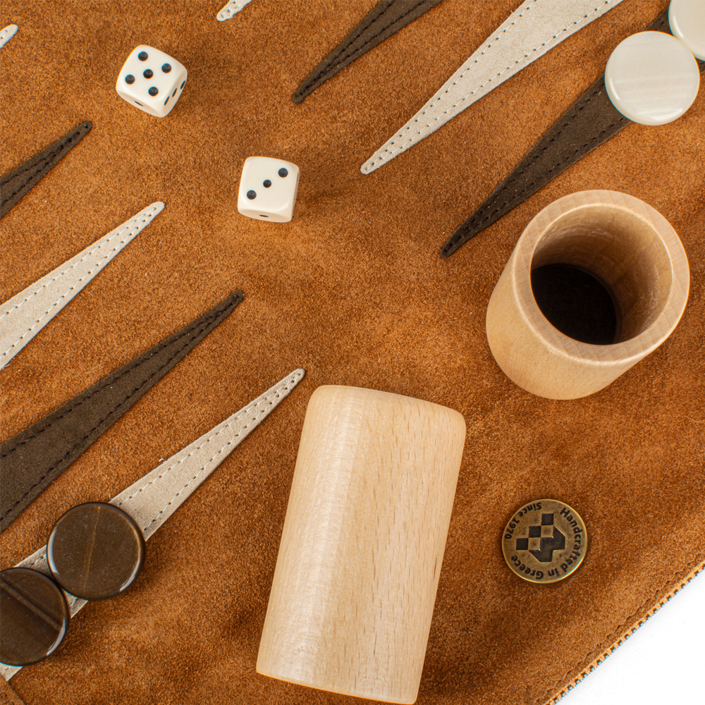 Travel game leather backgammon set - cinnamon brown