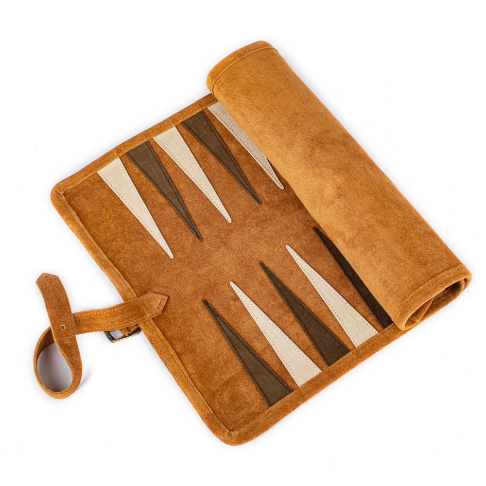 Travel game leather backgammon set - cinnamon brown