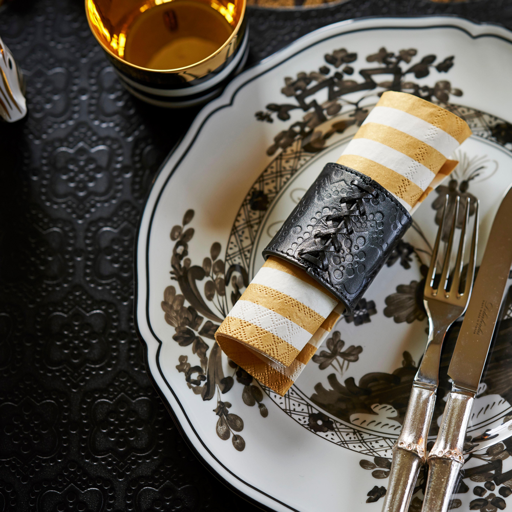 Napkin ring set ICON embossed leather - black