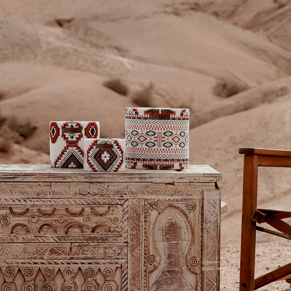 Duftkerze ZERBIA mit Musc Charmeur Duftnote mit Textil verkleidet von Cote Bougie Marrakech