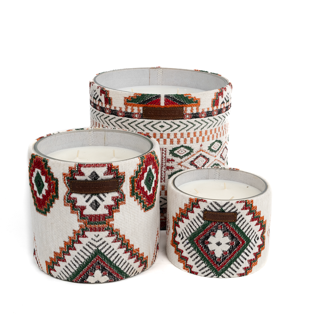 Duftkerze ZERBIA mit Musc Charmeur Duftnote mit Textil verkleidet von Cote Bougie Marrakech