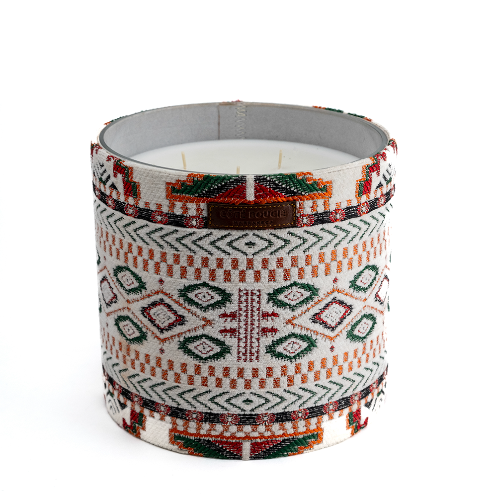 Duftkerze ZERBIA mit Musc Charmeur Duftnote mit Textil verkleidet von Cote Bougie Marrakech