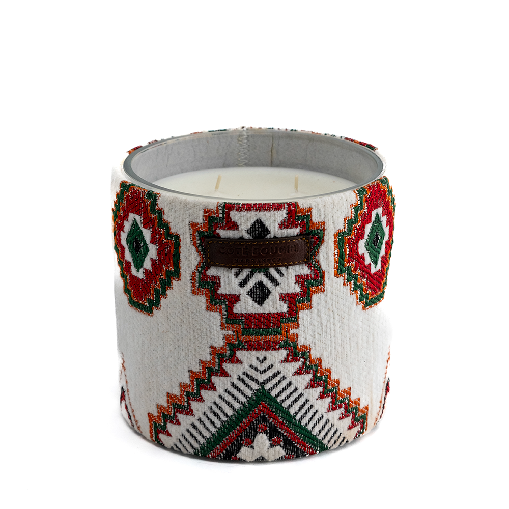 Duftkerze ZERBIA mit Musc Charmeur Duftnote mit Textil verkleidet von Cote Bougie Marrakech