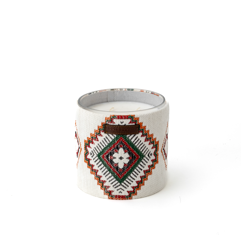 Duftkerze ZERBIA mit Musc Charmeur Duftnote mit Textil verkleidet von Cote Bougie Marrakech