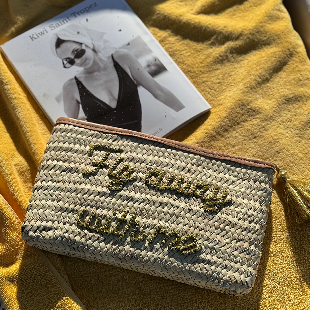 Summer Clutch large mit Spruch auf Tasche «fly away with me» aus Palmenfaser von FROHSINN