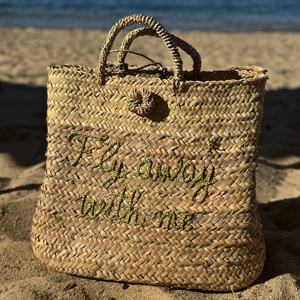 Summer Beach Shopper mit Spruch auf Tasche «fly away with me» aus Palmenfaser von FROHSINN