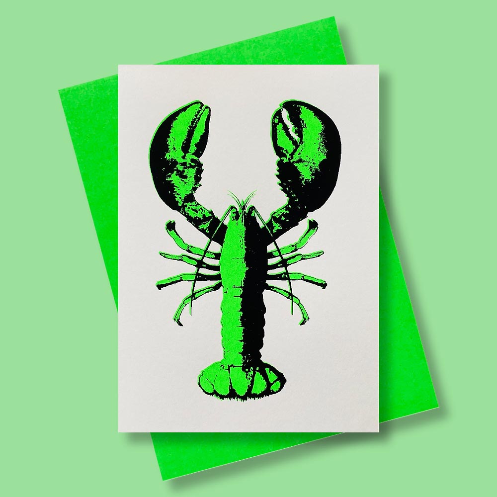 Sommerliche Grusskarte mit einem Hummer drauf im Farbton Neongrün