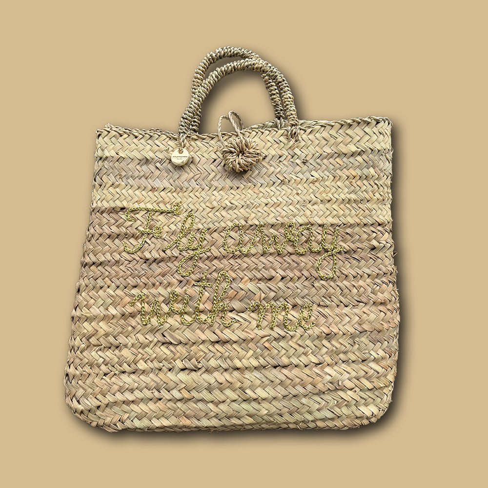 Summer Beach Shopper mit Spruch auf Tasche «fly away with me» aus Palmenfaser von FROHSINN