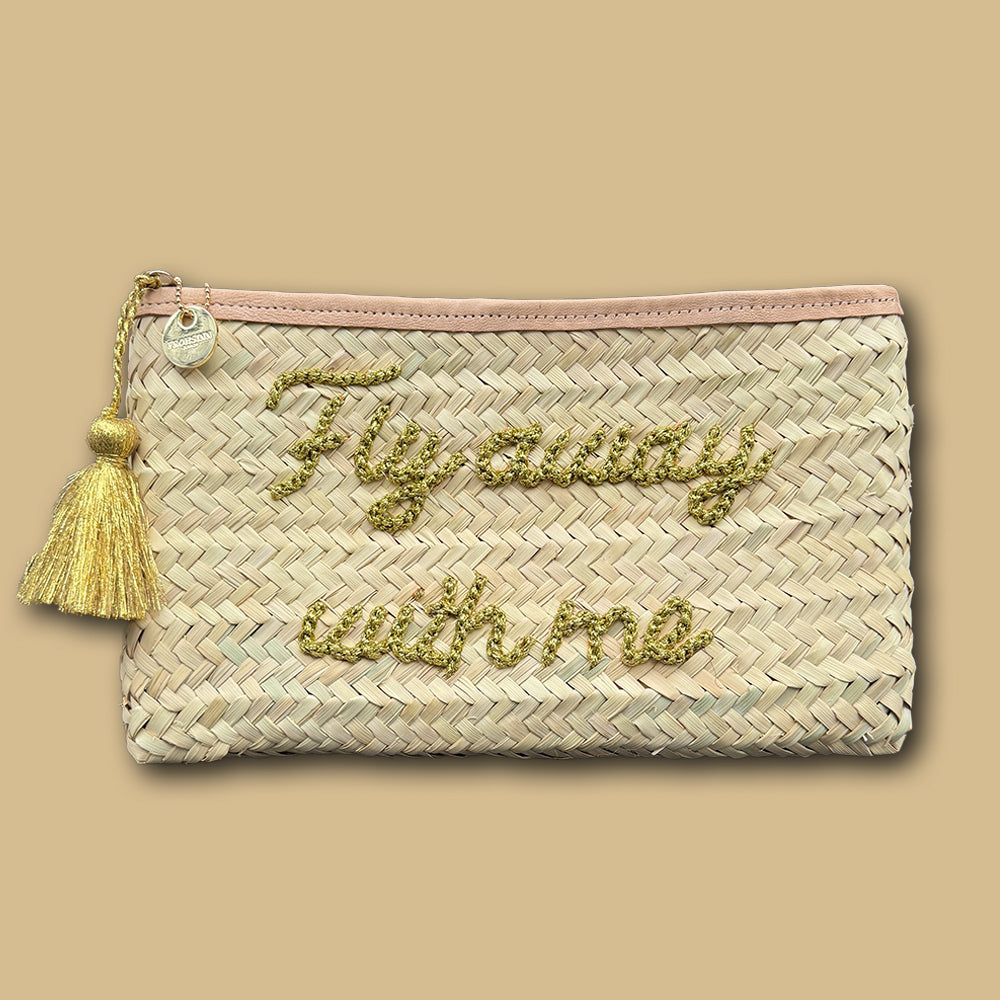 Summer Clutch large mit Spruch auf Tasche «fly away with me» aus Palmenfaser von FROHSINN