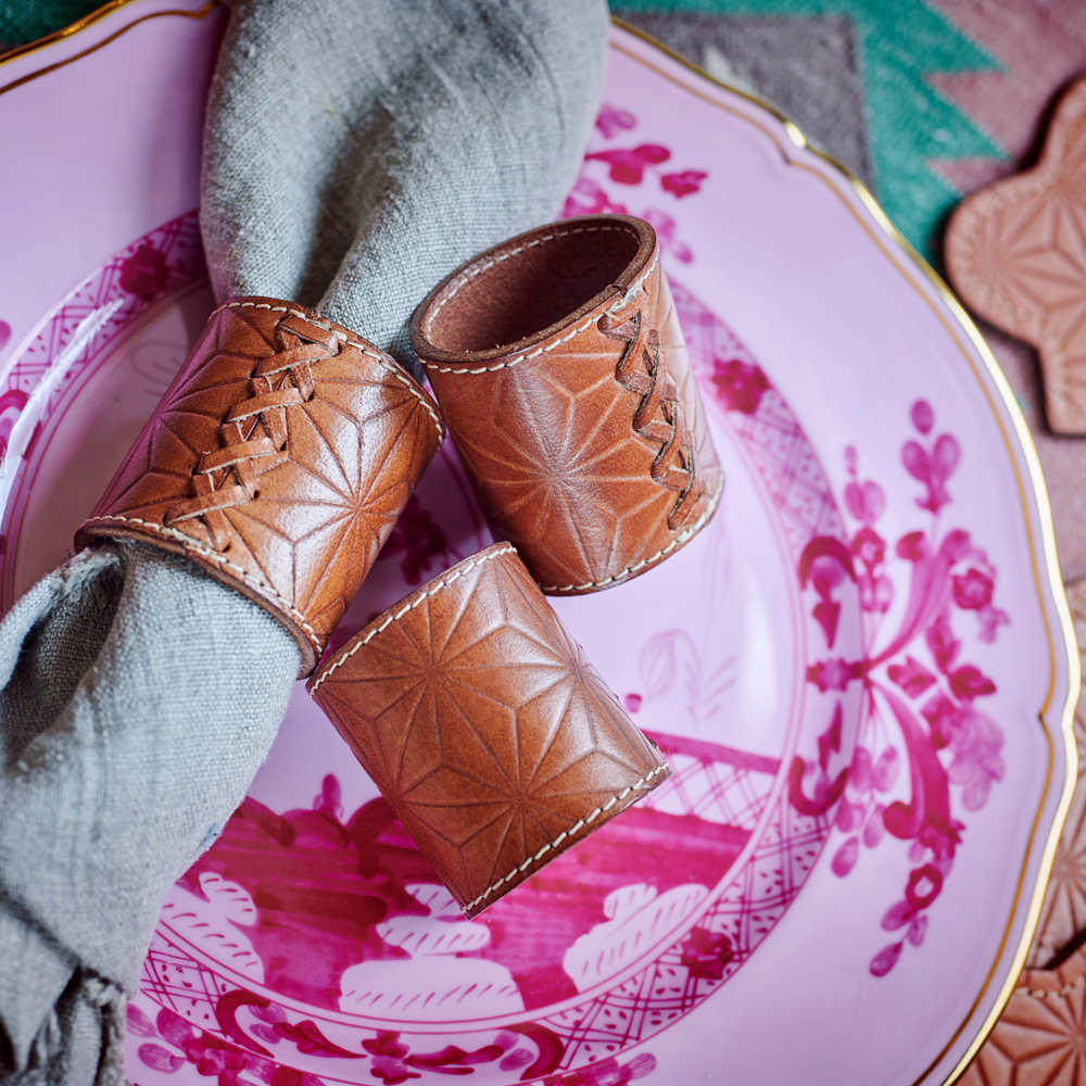 Napkin ring set ICON embossed leather - cognac