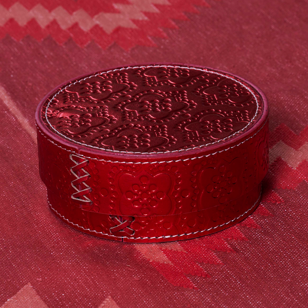 Dose rund ICON aus Leder geprägt - strawberry