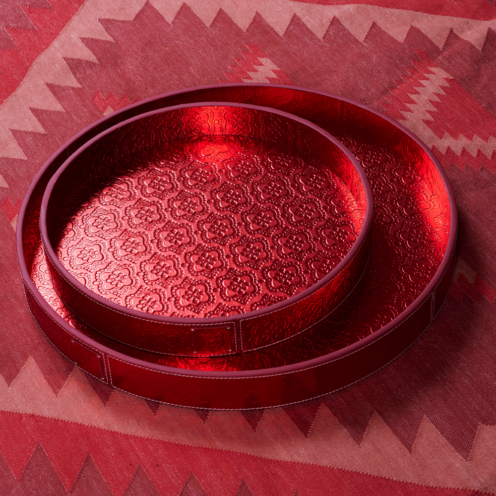 Tablett Rund ICON aus Leder geprägt - strawberry