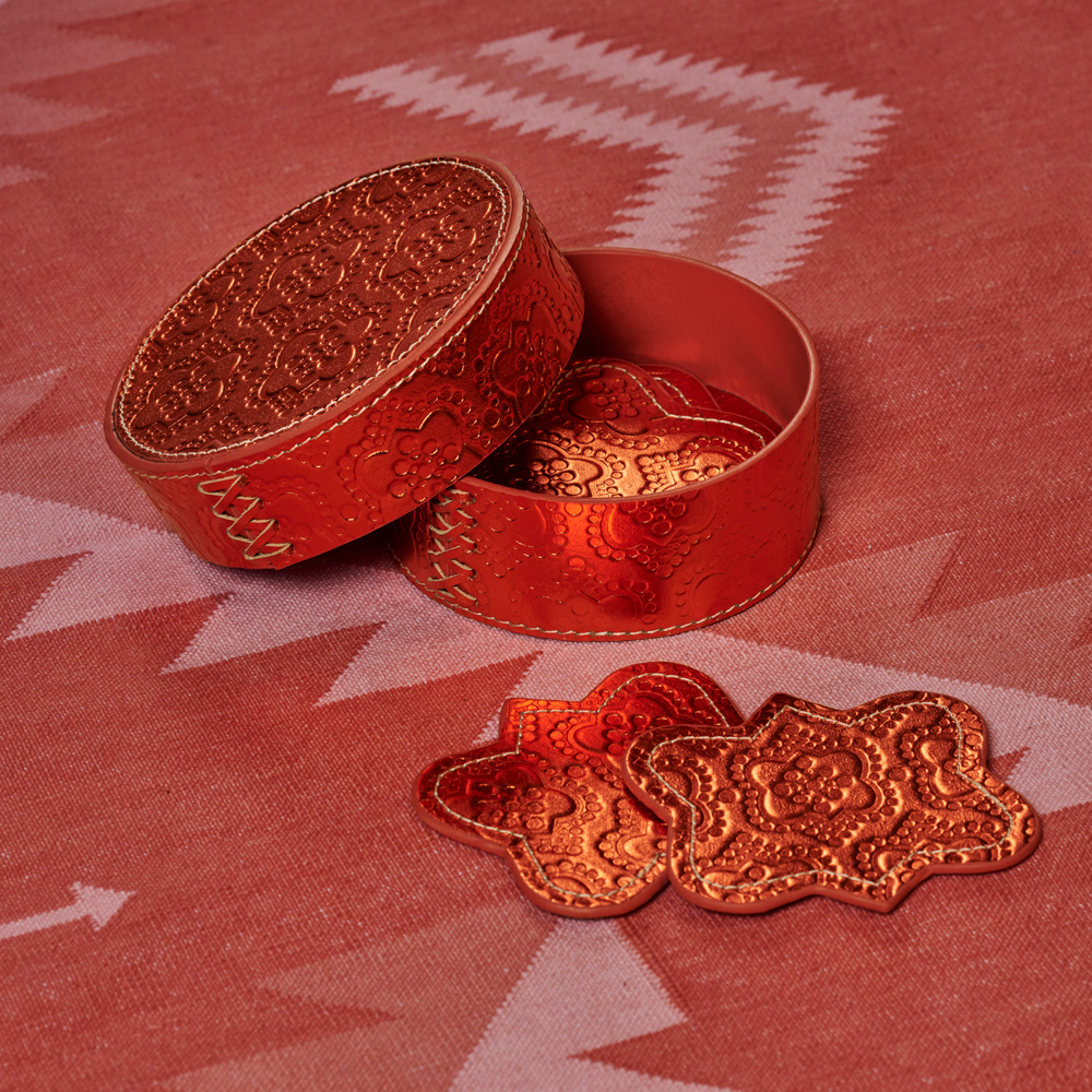 Coaster set ICON embossed leather - amber