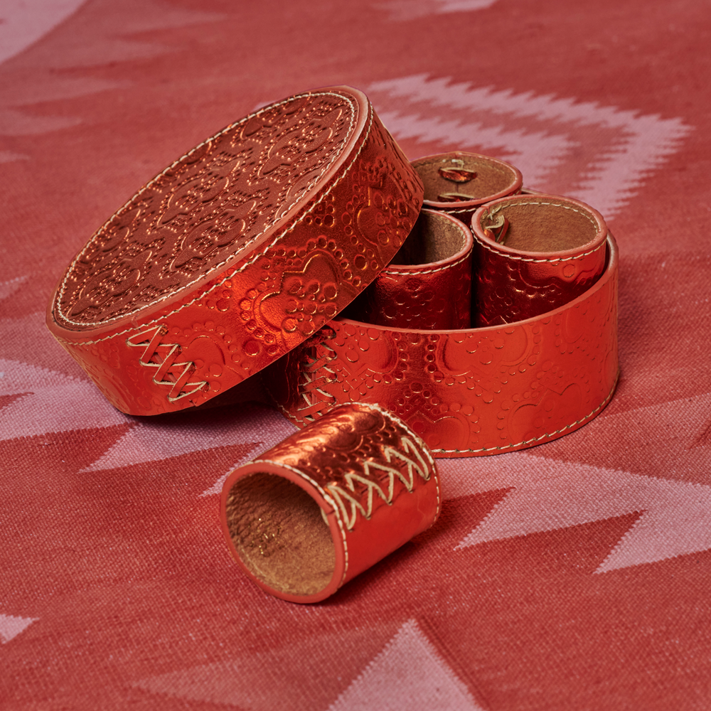 Napkin ring set ICON embossed leather - amber