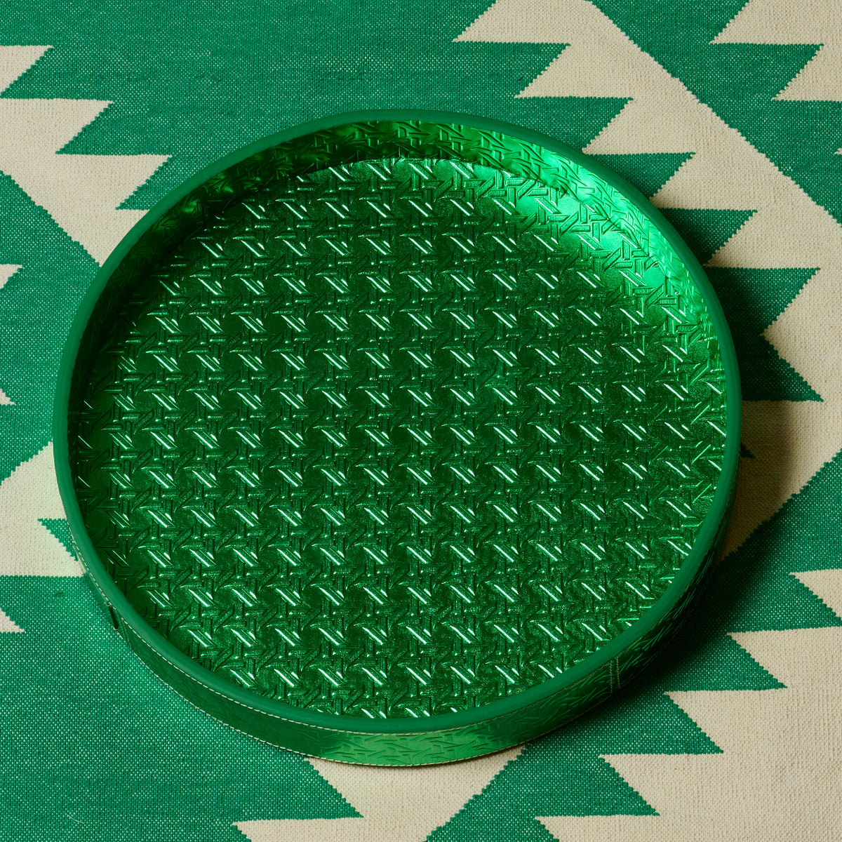 Tablett Rund VIENNA aus Leder geprägt in grün, ansicht front