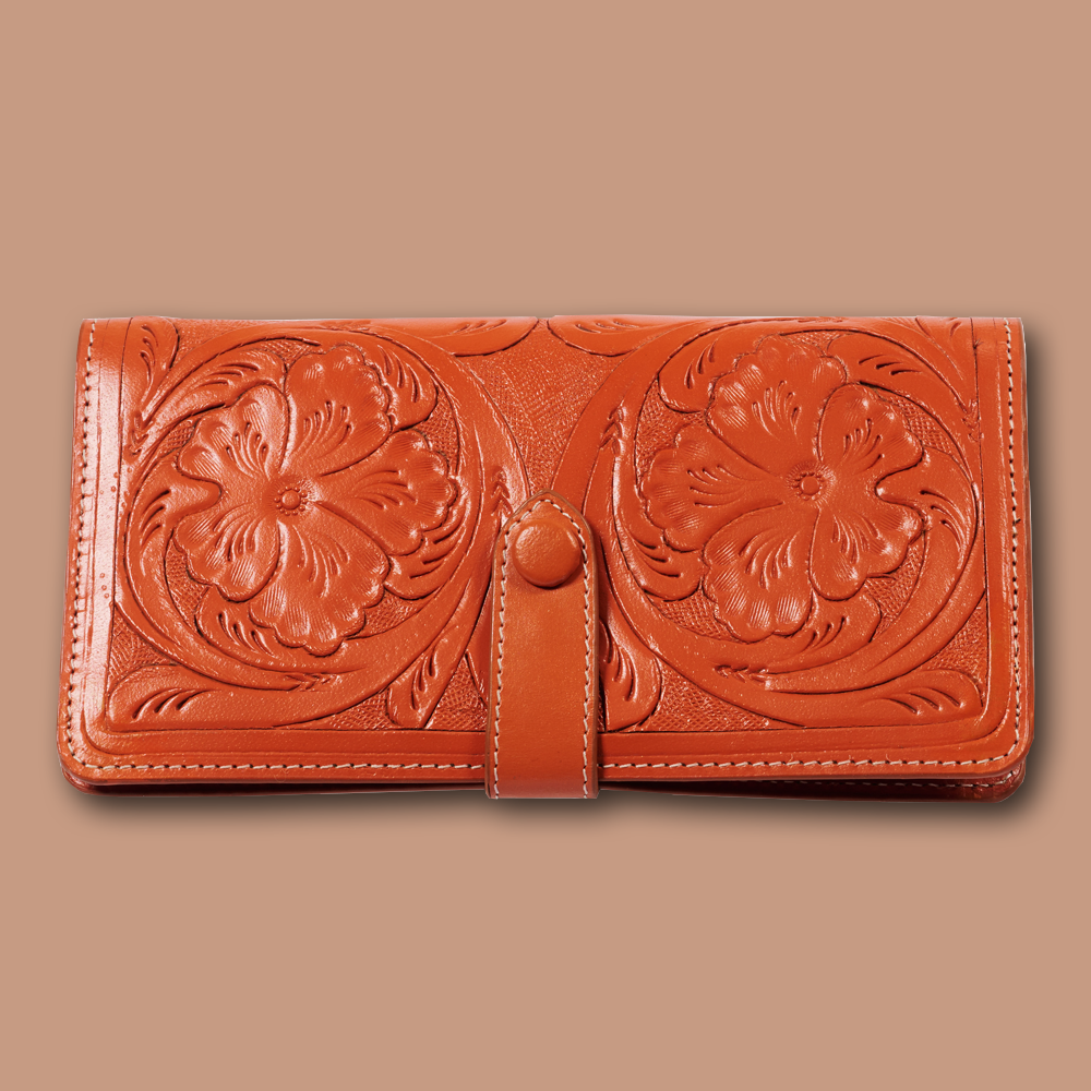 Portemonnaie Western Tucson ICON aus Leder geprägt in orange, leicht geöffnet