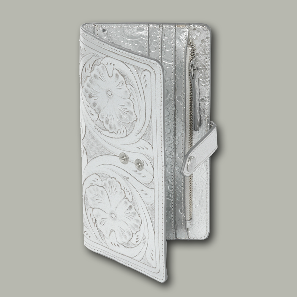 Portemonnaie Western Tucson ICON aus Leder geprägt in silver, leicht geöffnet
