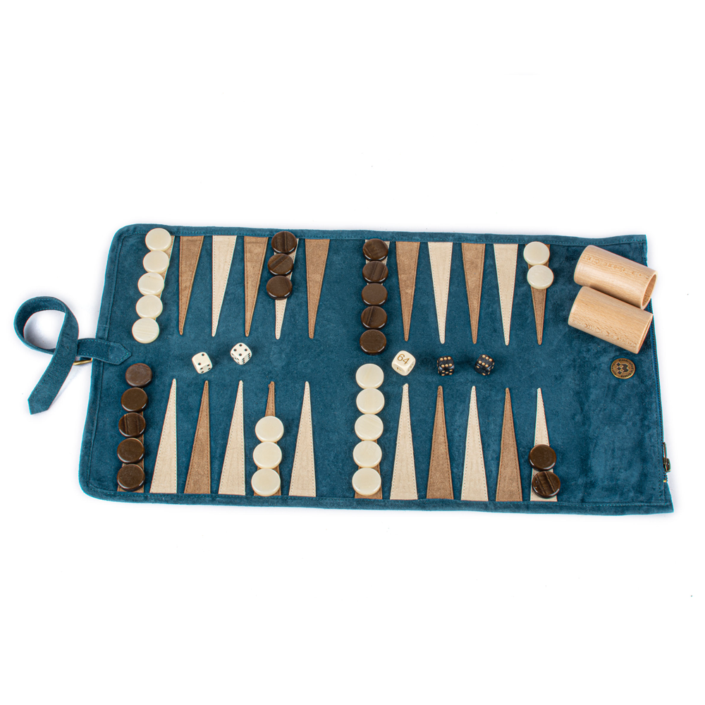 Travel game leather backgammon set - blue