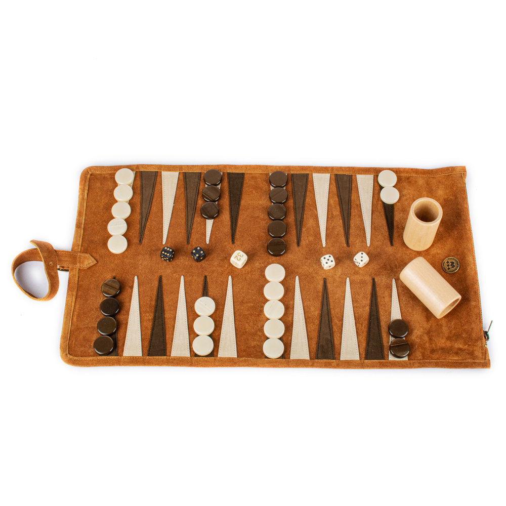 Travel game leather backgammon set - cinnamon brown