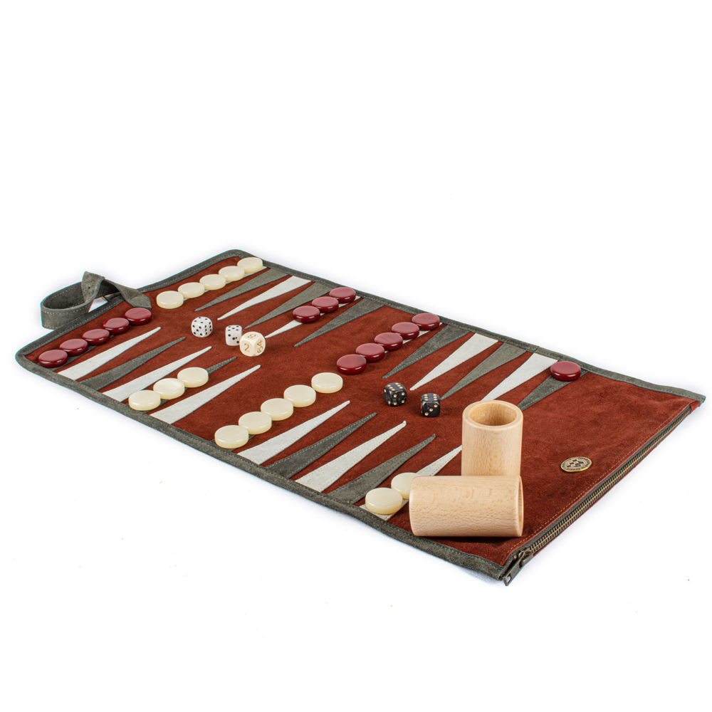 Travel game leather backgammon set - burgundy red