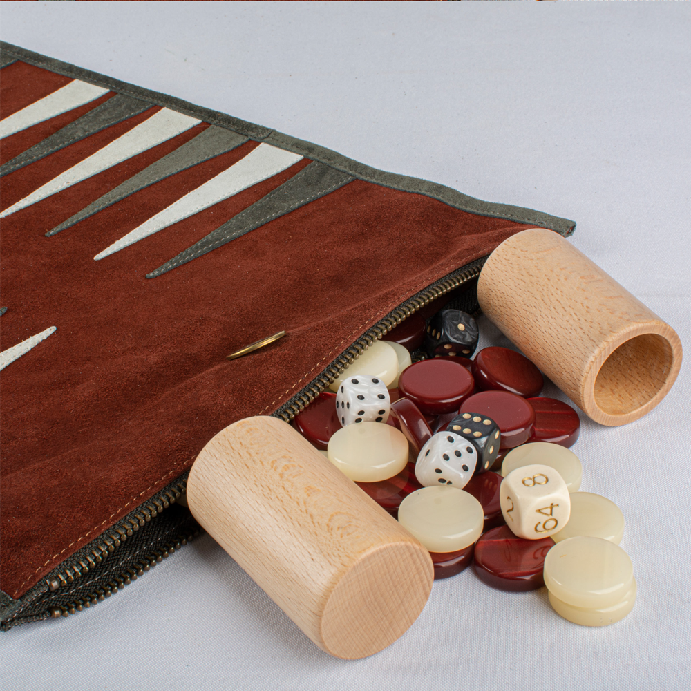 Travel game leather backgammon set - burgundy red