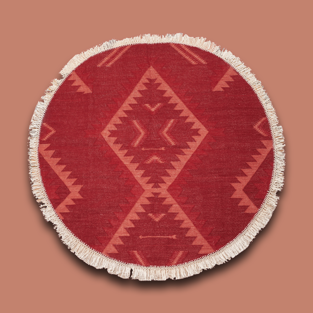 Handgewobener, runder Navajo-Teppich in rot