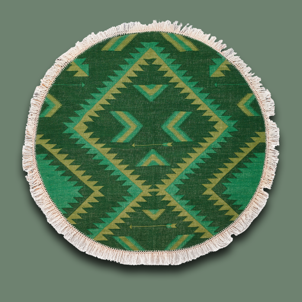 Handgewobener, runder Navajo-Teppich in grün