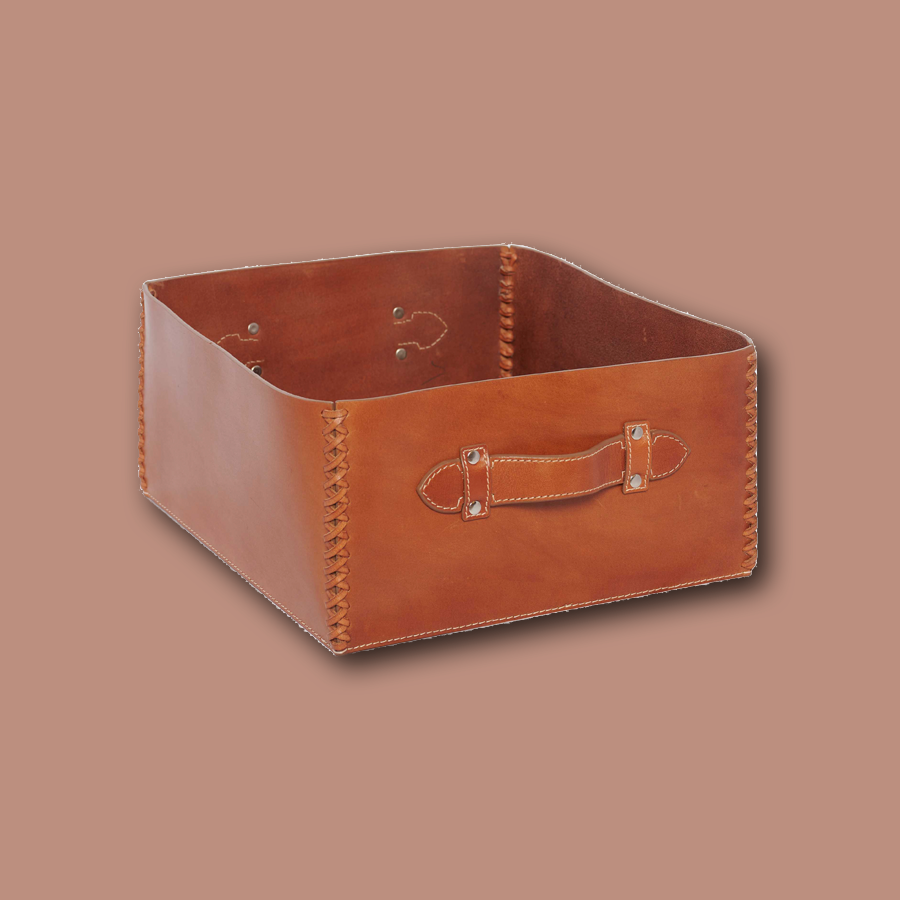Aufbewahrungsbox mit Griff LIFESTYLE aus Leder glatt - cognac