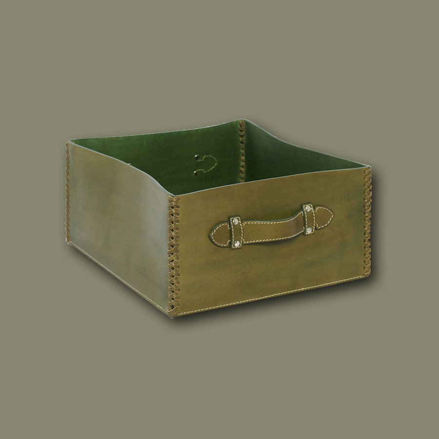 Storage box with handle LIFESTYLE smooth leather - olive