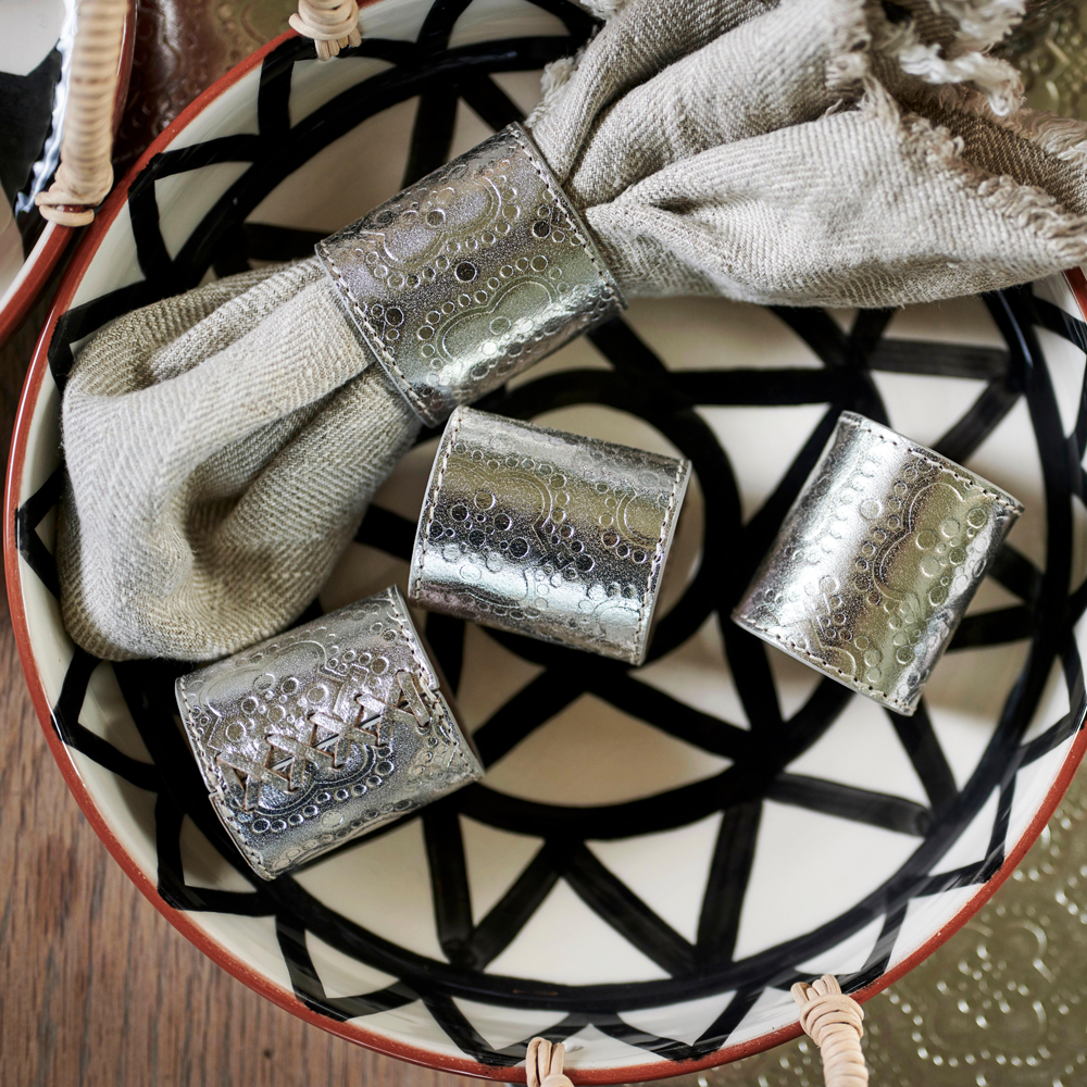 Serviettenring Set ICON aus Leder geprägt- silver