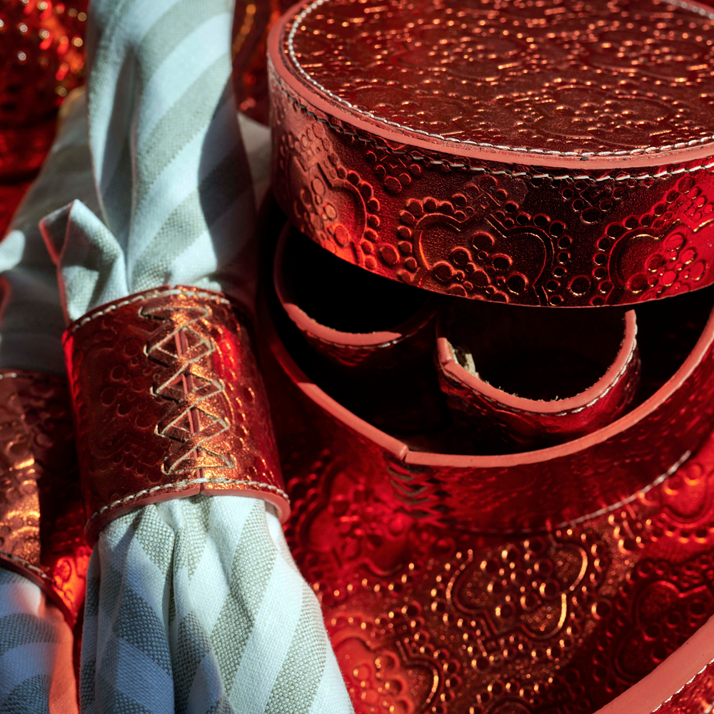 Napkin ring set ICON embossed leather - amber