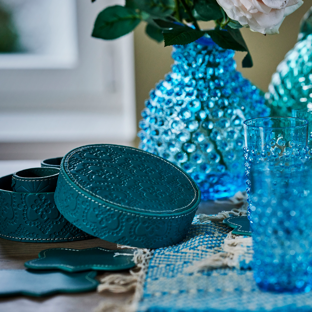 Coaster set ICON embossed leather - turquoise